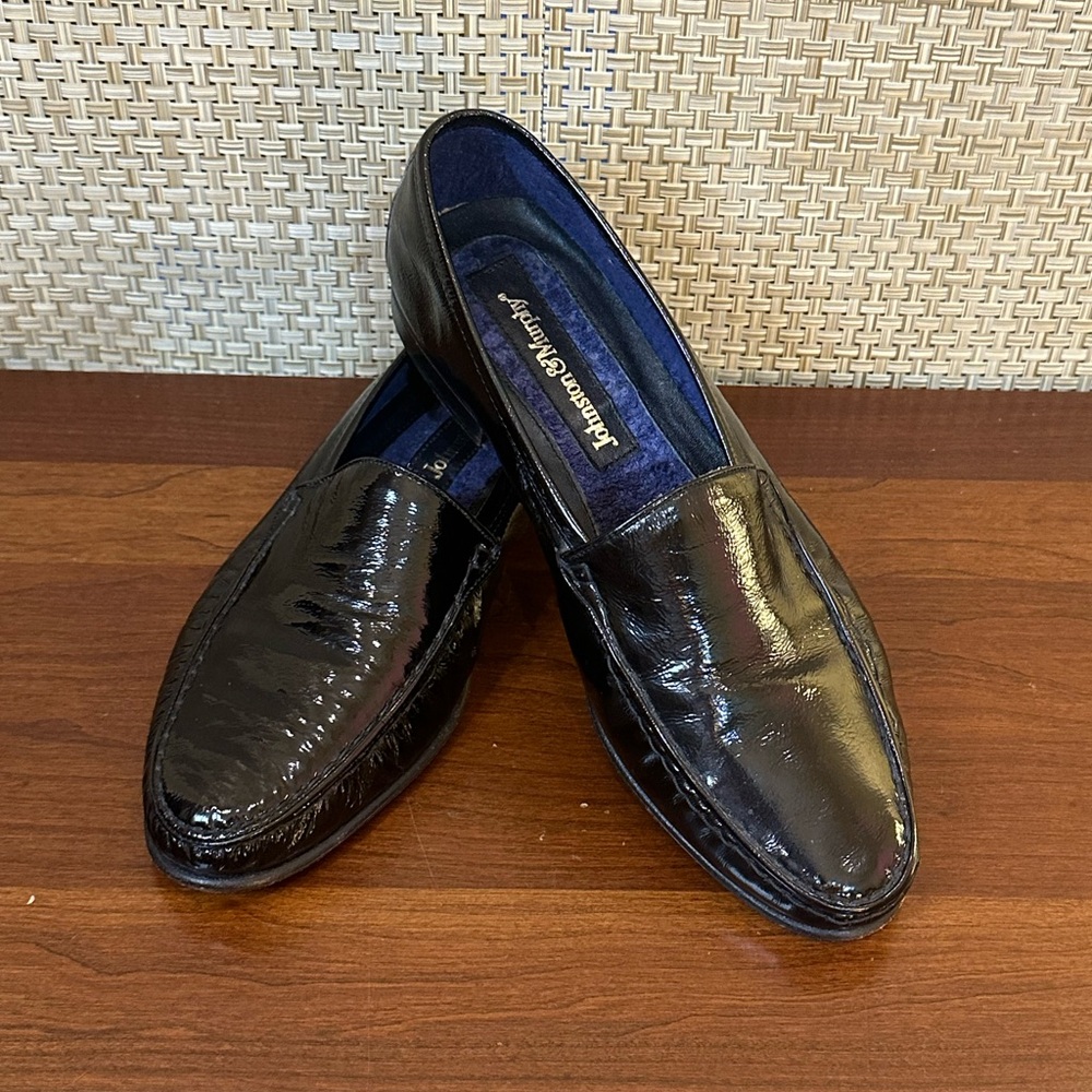 🌟2xHP🌟VTG 1980s-90s Johnston & Murphy Black Patent Leather Slip on Loafers 9M